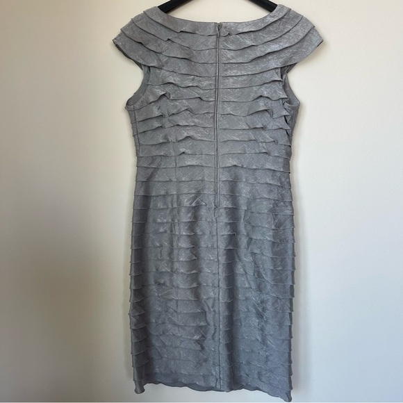 Adrianna Papell Gray Ruched Sheath Dress with Rosette Detail Size 12 - Picture 3 of 13